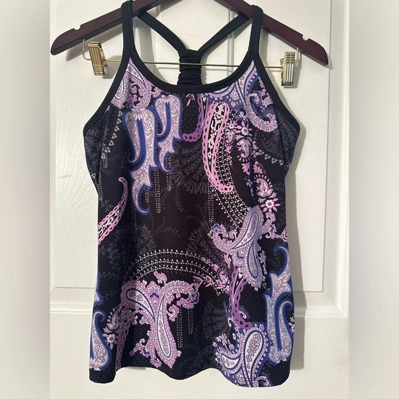 ATHLETA Retro Black Purple Knotted Racerback Paisley Bra S RICH SATURATED COLORS - Picture 1 of 7